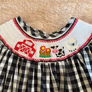 Black & White Gingham Smocked Dress with Red Farm Embroidery